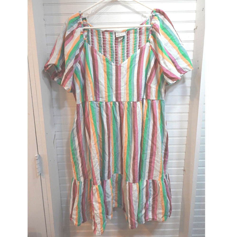 Ava & Viv Dress Women's 1X Striped Mini Puff Sleeves Plus Size Sweetheart V-Neck